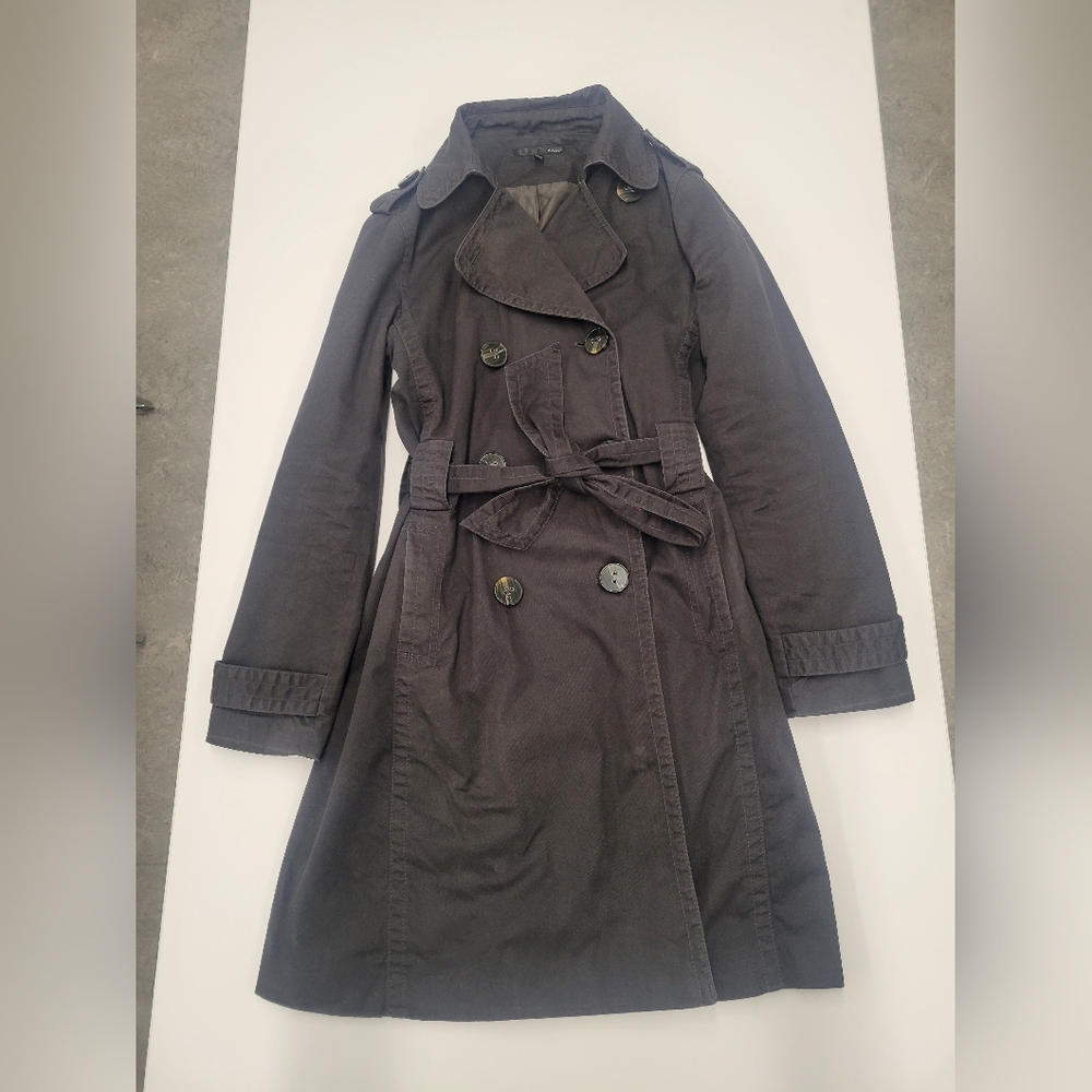 Etam Grey Double-Breasted Belted Trench Coat Women's EU 34